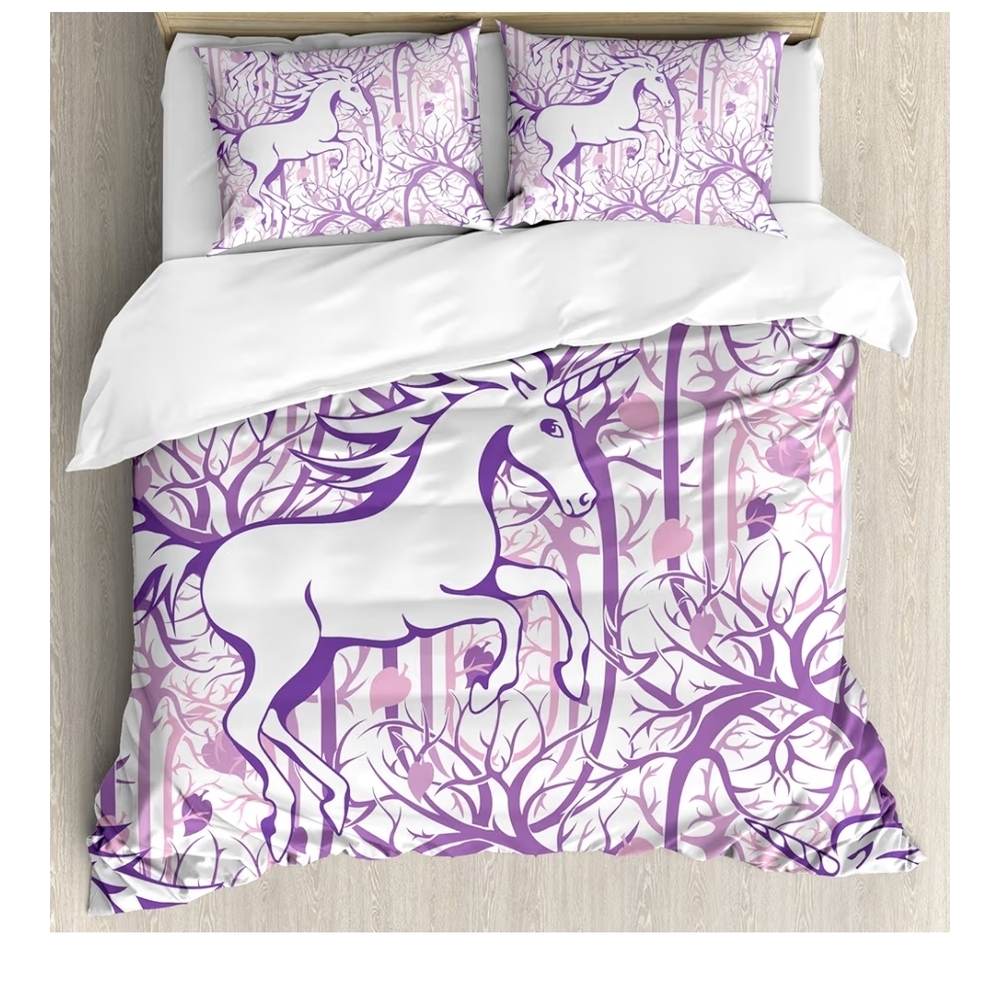 King Size Mystical Unicorn Duvet Cover Set in Purple and White